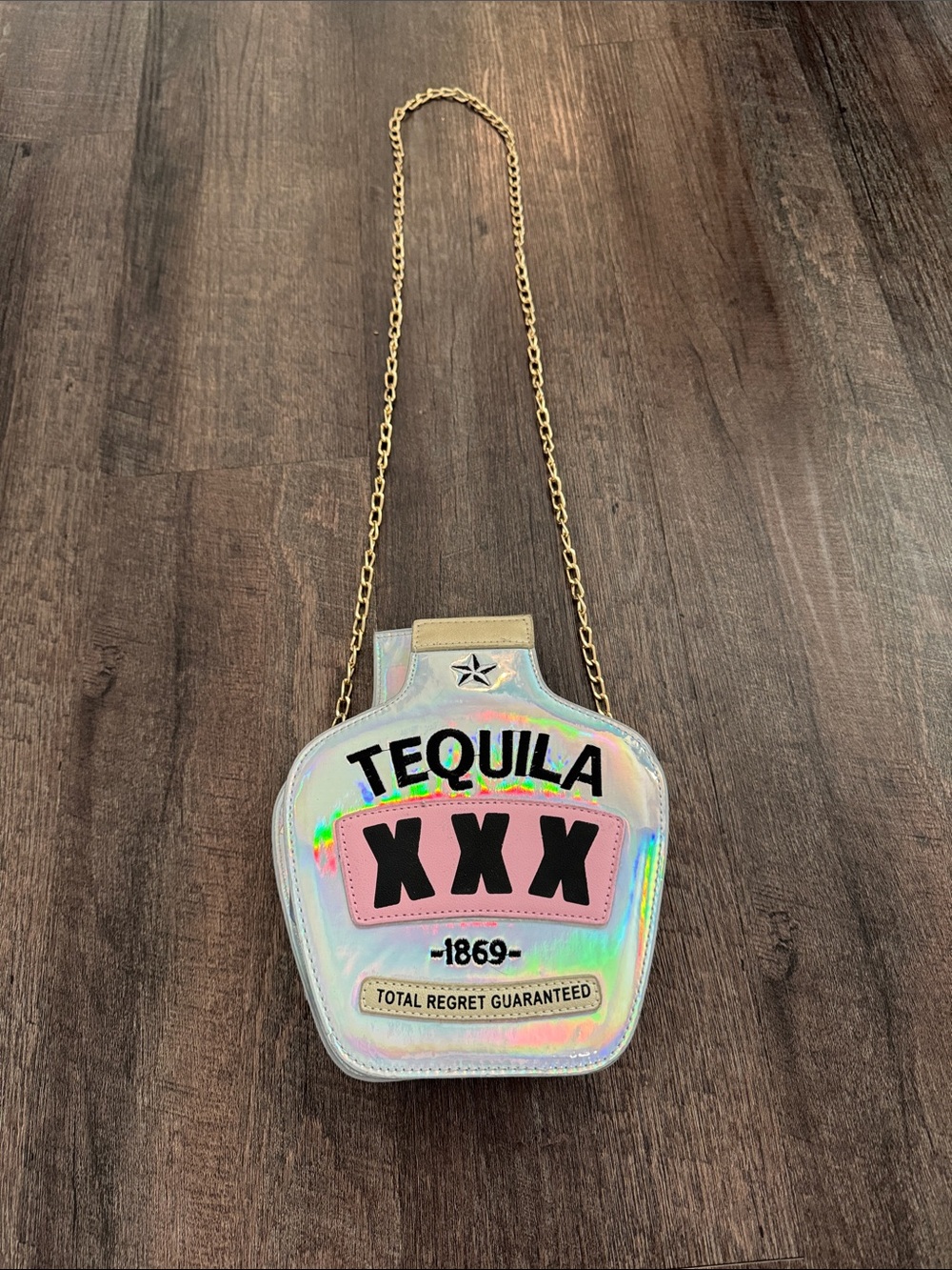 Novelty Holographic Tequila XXX Crossbody Bag with Gold Chain